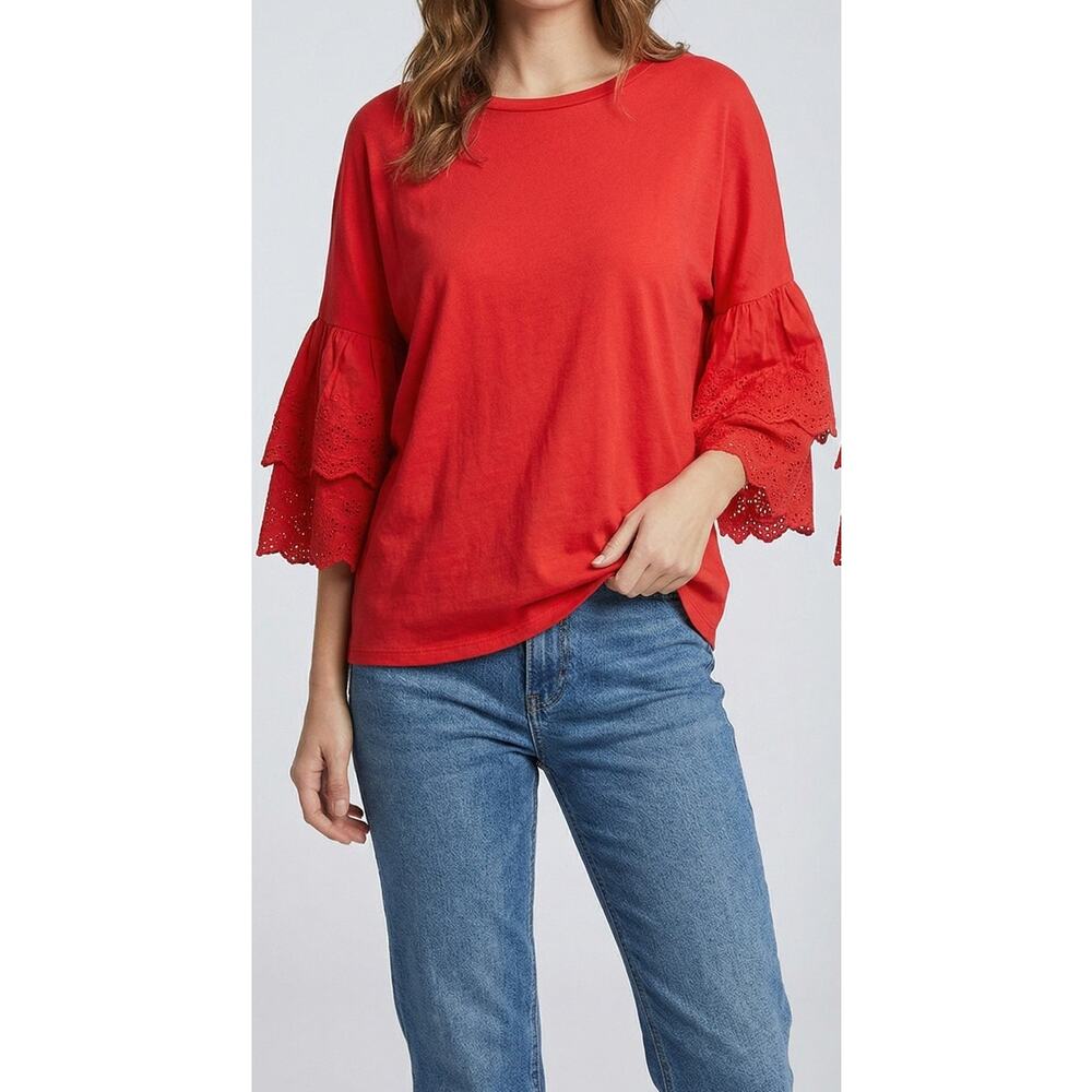 Topshop US Size 10 Red 3/4 Sleeve Eyelet Bell Sleeve Shirt 100% Cotton